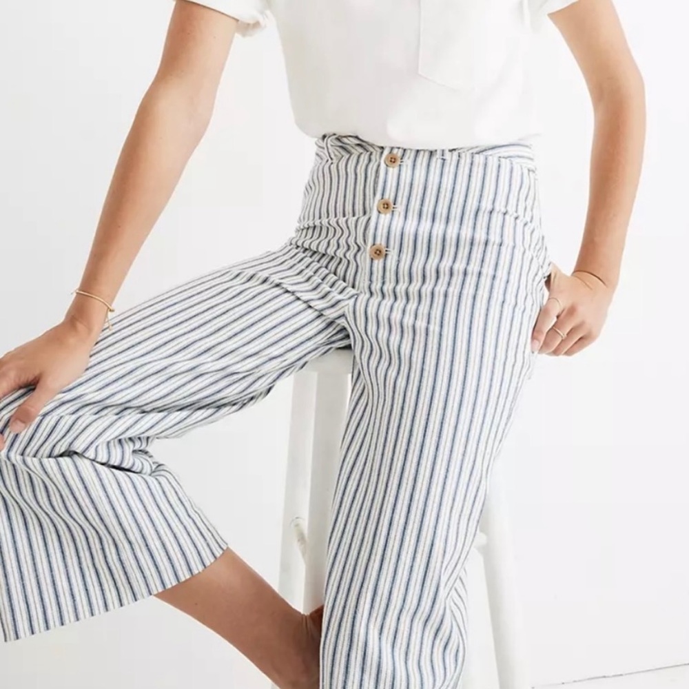 Madewell Emmett Wide Leg Crop Blue & White Striped Button Fly Pants Size 31